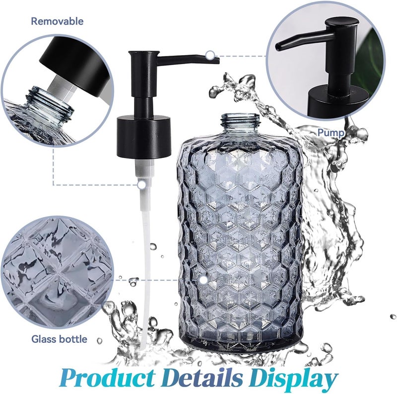 Ulable Clear Charcoal Blue Glass Soap Dispenser with Pump, 16oz Honeycombed Design Hand Soap Dispenser, Refillable Lotion & Dish for Dishwashing Liquid, Lotion - Image 5